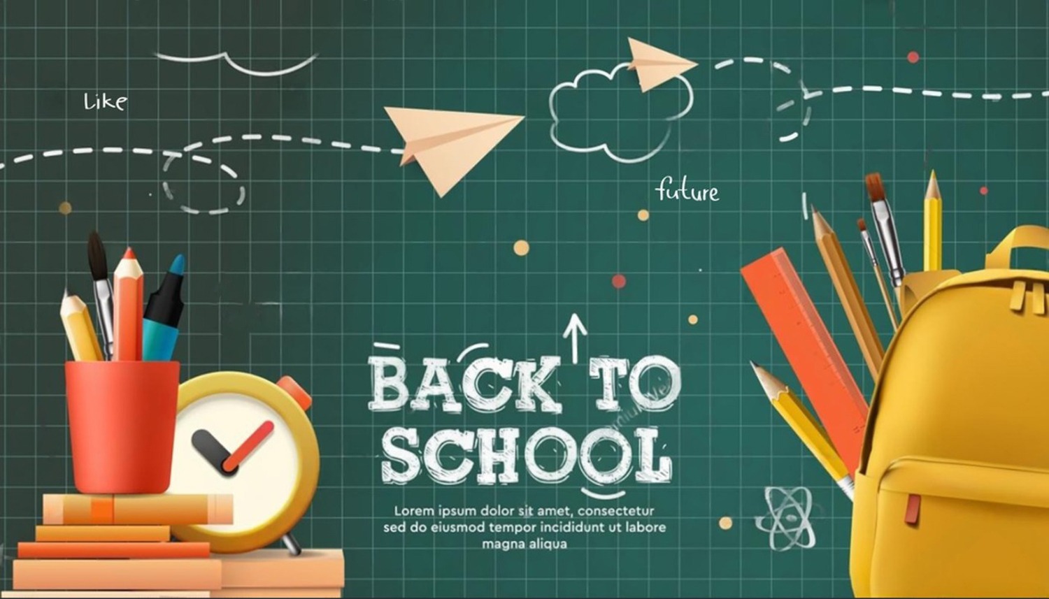 . Back to school theme featuring various school supplies like notebooks, pencils, and backpacks arranged on a desk.